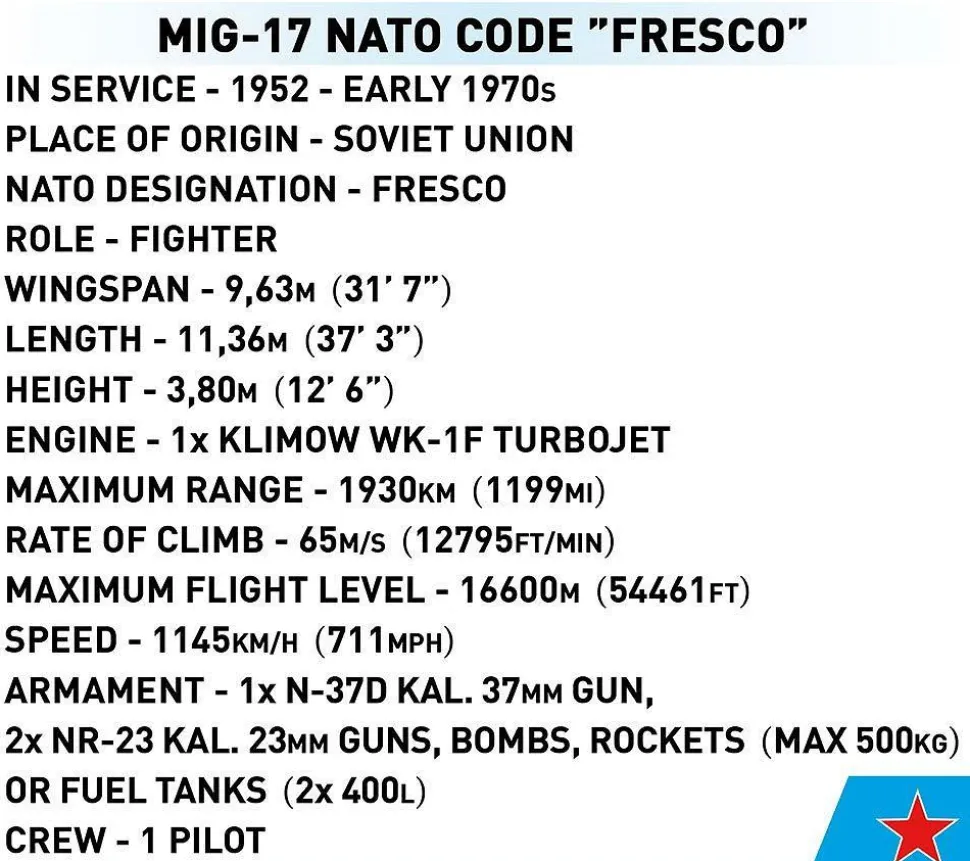 Cobi: Cold War - MiG-17 NATO Code "Fresco" Fighter Jet Historical Collection 1/32 Scale Building Block Construction Set (568 Pieces)