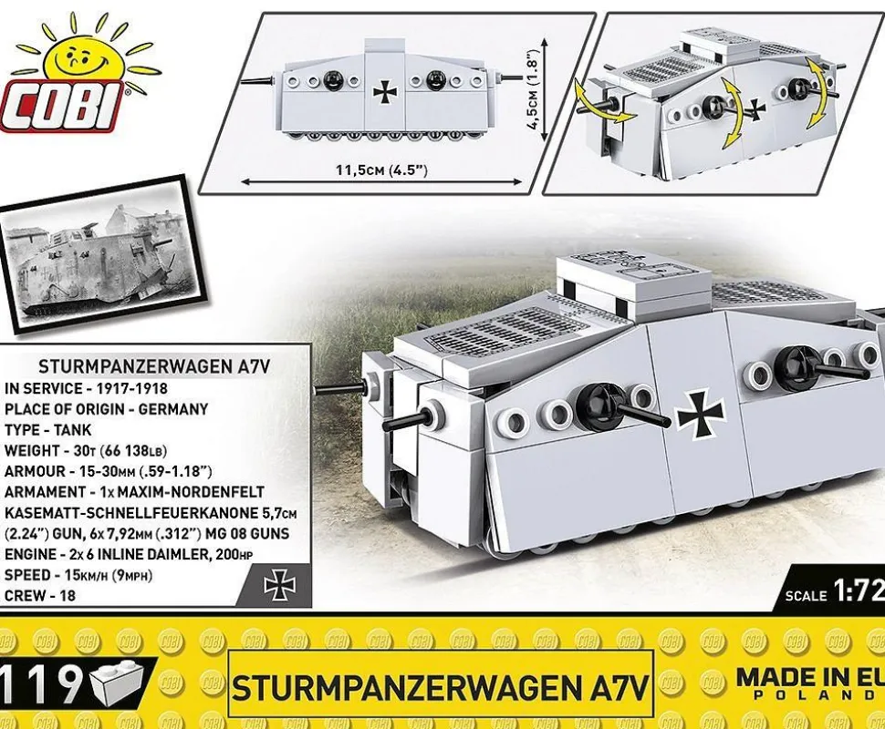 Cobi: Great War - Sturmpanzerwagen A7V Tank Historical Collection 1/72 Scale Building Block Construction Set (119 Pieces)