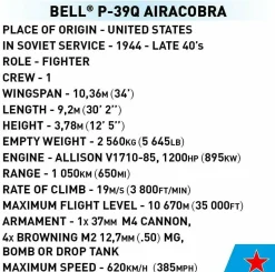 Cobi: World War II - Bell P-39Q Airacobra (Soviet) Fighter Plane Historical Collection 1/32 Scale Building Block Construction Set (380 Pieces)