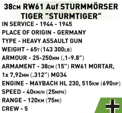 Cobi: World War II - 38cm Sturmmorser Sturmtiger Tank Historical Collection 1/28th Scale Building Block Construction Set (1100 Pieces)