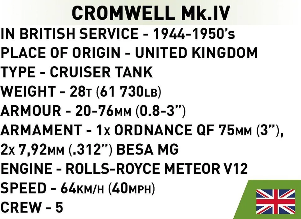 Cobi: World War II - Cromwell Mk.IV Tank Historical Collection 1/72 Scale Building Block Construction Set (110 Pieces)