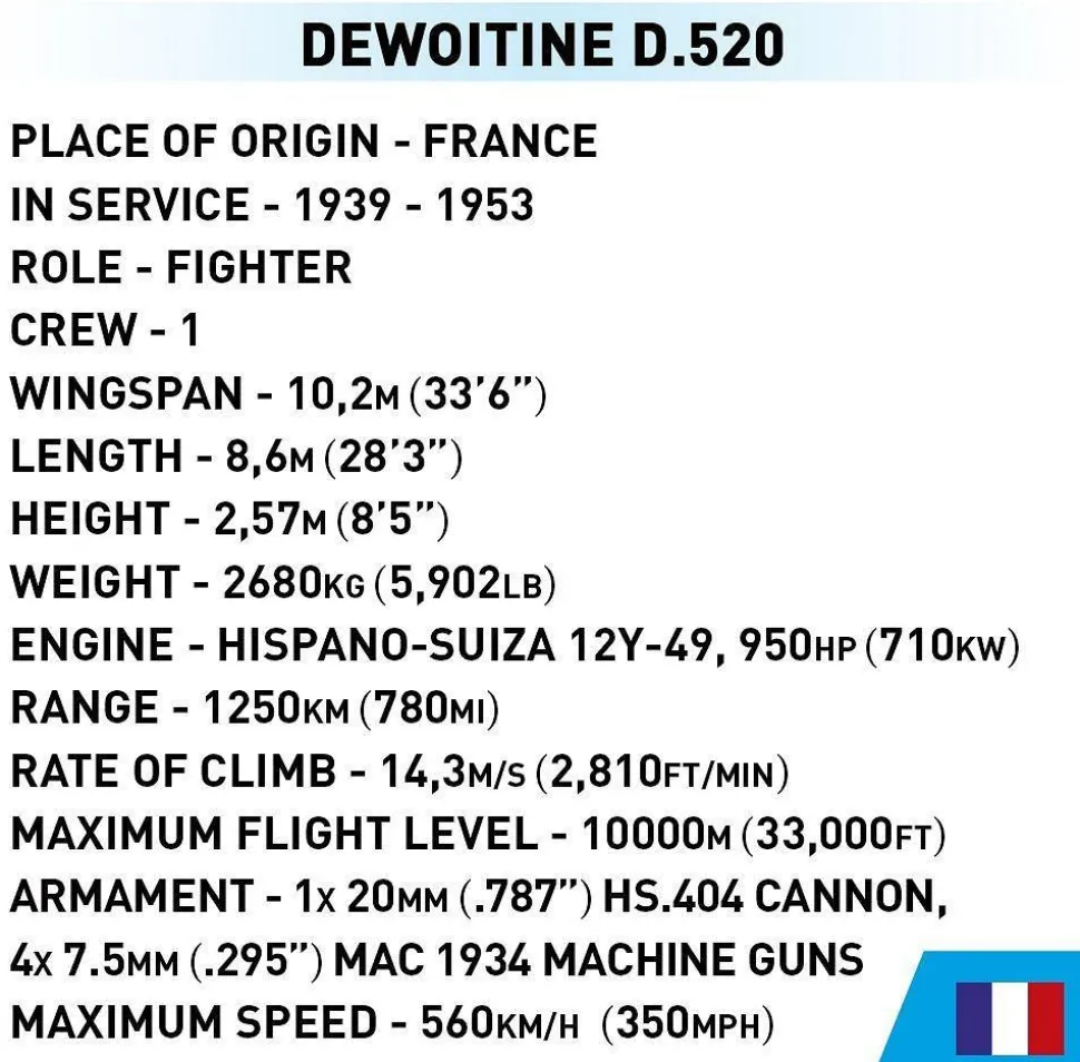Cobi: World War II - Dewoitine D.520 Fighter Plane Historical Collection 1/32 Scale Building Block Construction Set (335 Pieces)