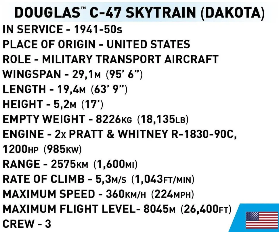 Cobi: World War II - Douglas C-47 Skytrain "Dakota" Transport Plane Historical Collection 1/48th Scale Building Block Construction Set (896 Pieces)