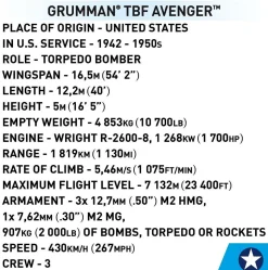Cobi: World War II - Grumman TBF Avenger Torpedo Bomber Plane Historical Collection 1/48th Scale Building Block Construction Set (392 Pieces)
