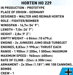 Cobi: World War II - Horten HO 229 Fighter Bomber Plane Historical Collection 1/32 Scale Building Block Construction Set (953 Pieces)