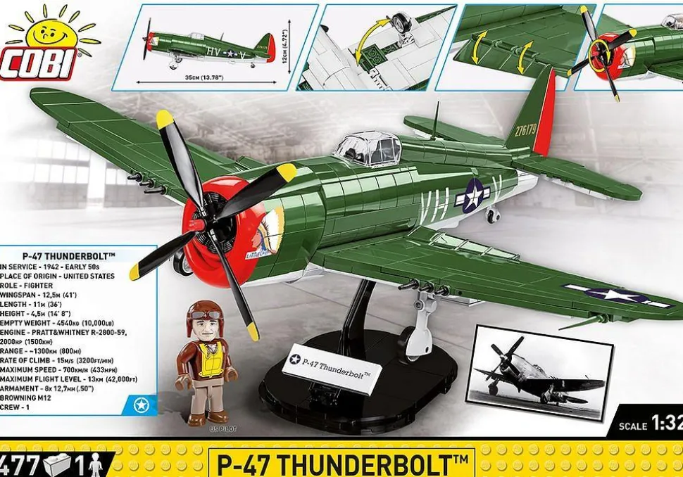 Cobi: World War II - P-47 Thunderbolt Fighter Plane Historical Collection 1/32 Scale Building Block Construction Set (477 Pieces)