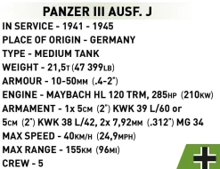 Cobi: World War II - Panzer III Ausf. J 2-in-1 Tank Historical Collection 1/35th Scale Building Block Construction Set (590 Pieces)