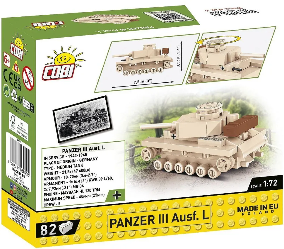 Cobi: World War II - Panzer III Ausf. L Tank Historical Collection 1/72 Scale Building Block Construction Set (82 Pieces)