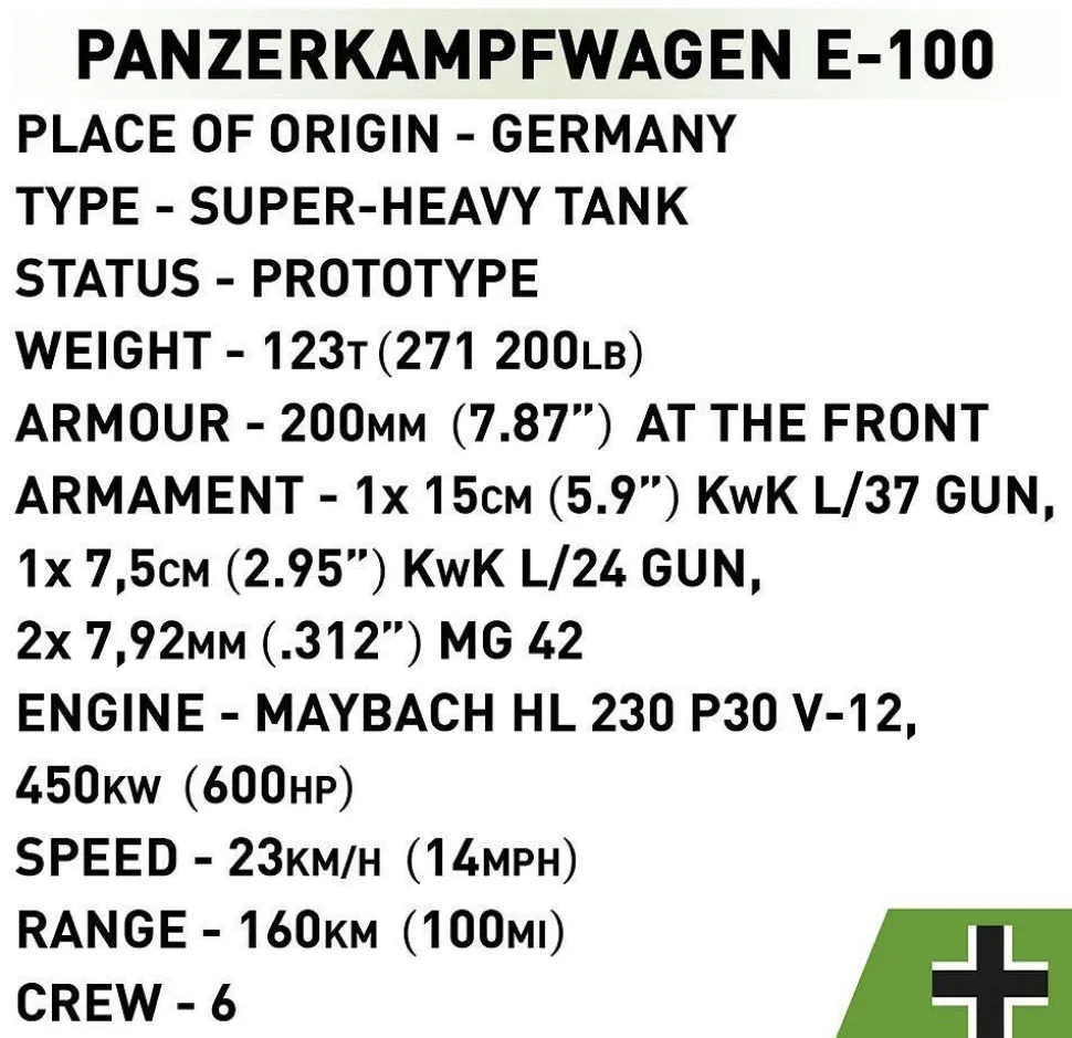 Cobi: World War II - Panzerkampfwagen E-100 Tank Historical Collection 1/28th Scale Building Block Construction Set (1511 Pieces)