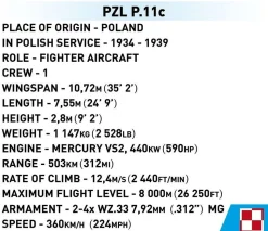 Cobi: World War II - PZL P.11C Plane Historical Collection 1/32 Scale Building Block Construction Set (320 Pieces)