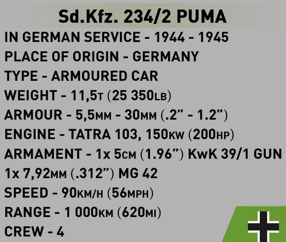 Cobi: World War II - Sd.Kfz. 234/2 Puma Tank Historical Collection 1/35th Scale Building Block Construction Set (470 Pieces)