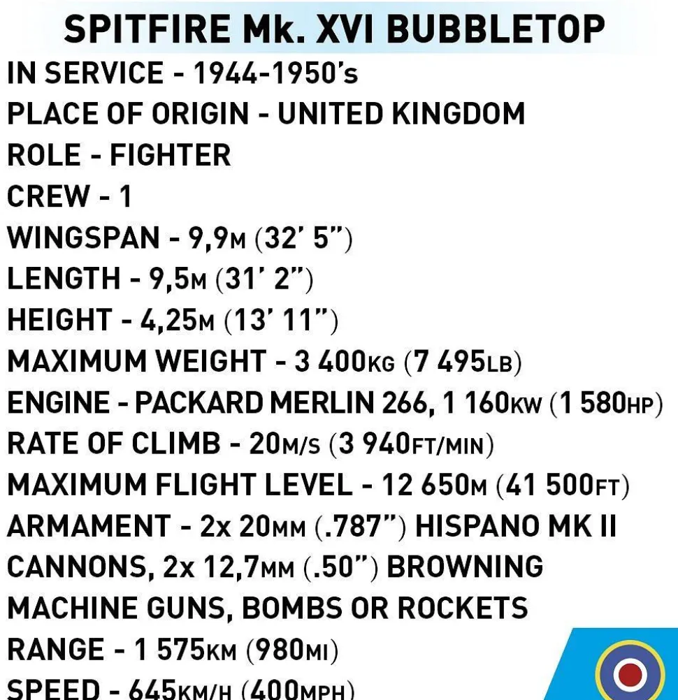 Cobi: World War II - Spitfire Mk. XVI Bubbletop Fighter Plane Historical Collection 1/48th Scale Building Block Construction Set (152 Pieces)