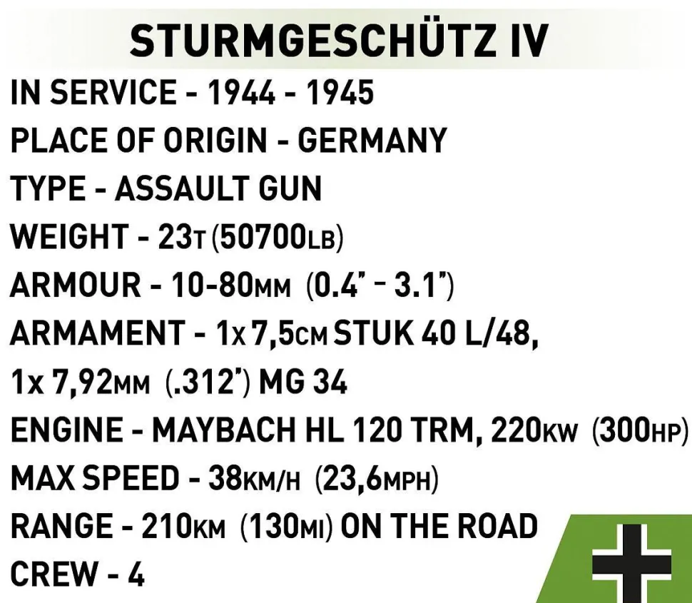 Cobi: World War II - Sturmgeschutz IV (Sd.Kfz.167) Tank Historical Collection 1/28th Scale Building Block Construction Set (952 Pieces)
