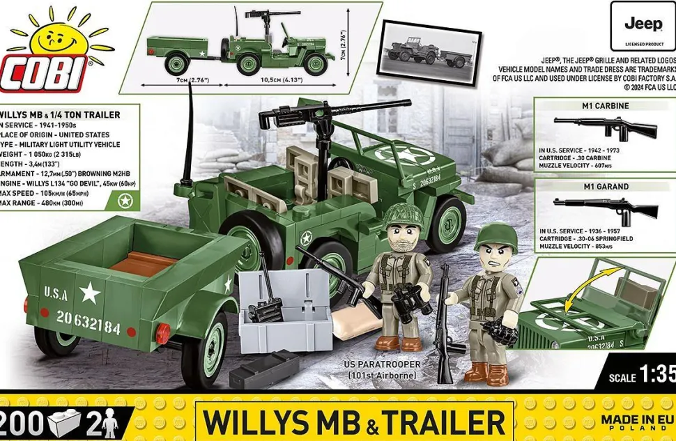 Cobi: World War II - Willys MB Jeep & Trailer Historical Collection 1/35th Scale Building Block Construction Set (200 Pieces)