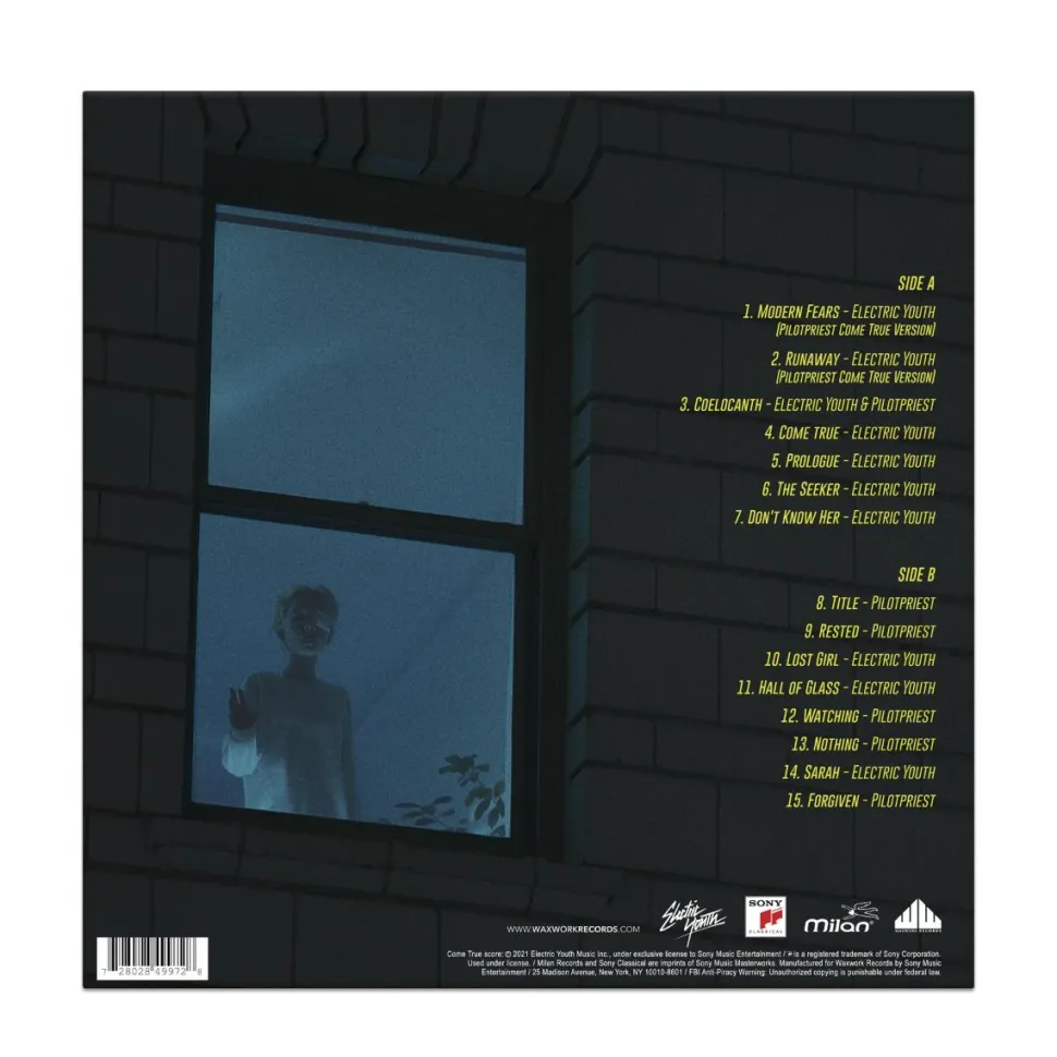 Come True (2021) - Original Motion Picture Score by Electric Youth and Pilotpriest LP Vinyl Record ("Sleep Study" Cyan Blue with Red & Yellow Splatter Coloured Vinyl)