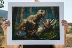 Dinosauria - T-Rex vs Triceratops Premium Art Print by RJ Palmer