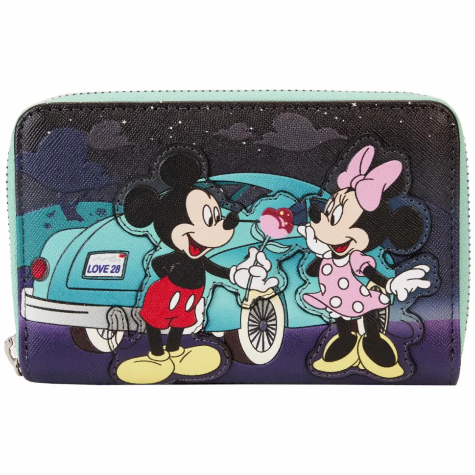Disney - Mickey & Minnie Date Night Drive-In 4" Faux Leather Zip-Around Wallet