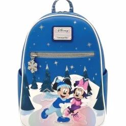 Disney - Mickey & Minnie Mouse Winter Skating Scene 10” Faux Leather Mini Backpack