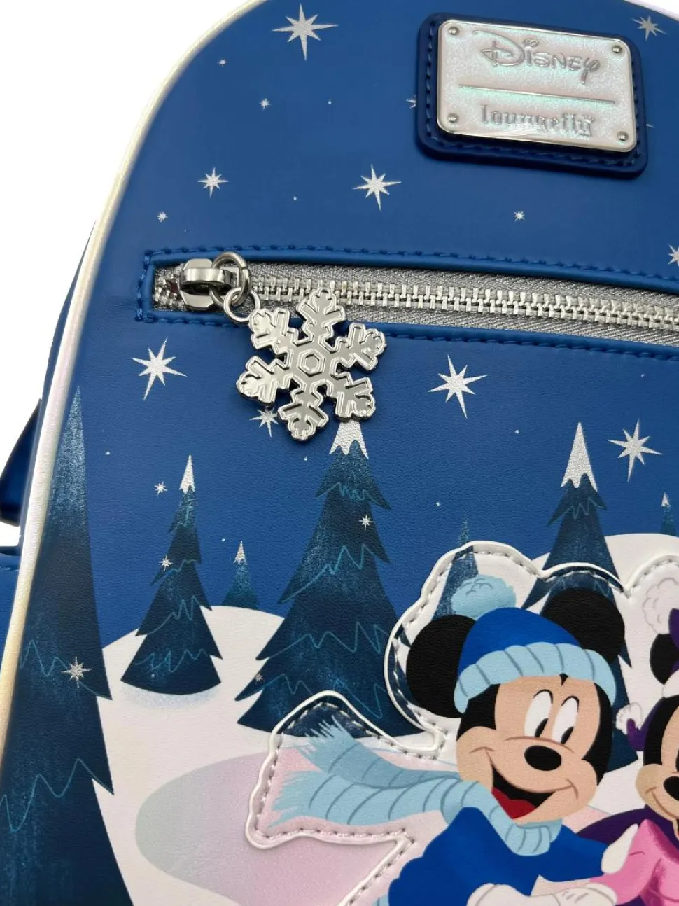 Disney - Mickey & Minnie Mouse Winter Skating Scene 10” Faux Leather Mini Backpack