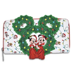 Disney - Mickey, Minnie & Friends Holiday Wreath 4” Faux Leather Zip-Around Wallet