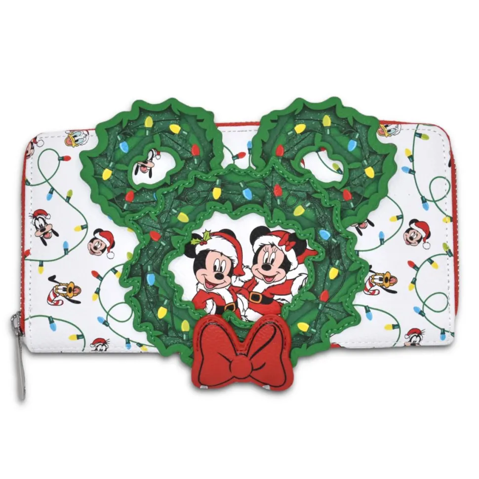 Disney - Mickey, Minnie & Friends Holiday Wreath 4” Faux Leather Zip-Around Wallet
