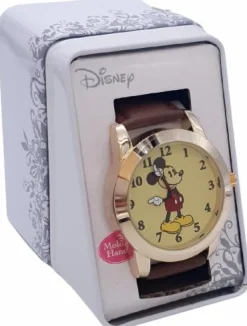 Mickey Mouse - Mickey Mouse Gold Tone Brown Faux Leather Band Watch (One Size)