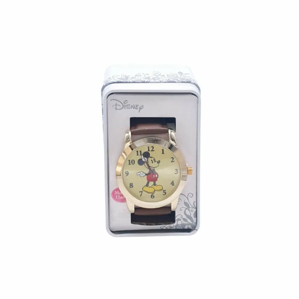 Mickey Mouse - Mickey Mouse Gold Tone Brown Faux Leather Band Watch (One Size)