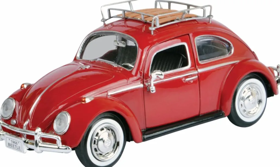 Motormax - Red 1966 Volkswagen Classic Beetle with Roof Luggage Rack Volkswagen Collection 1/24th Scale Die-Cast Vehicle Replica