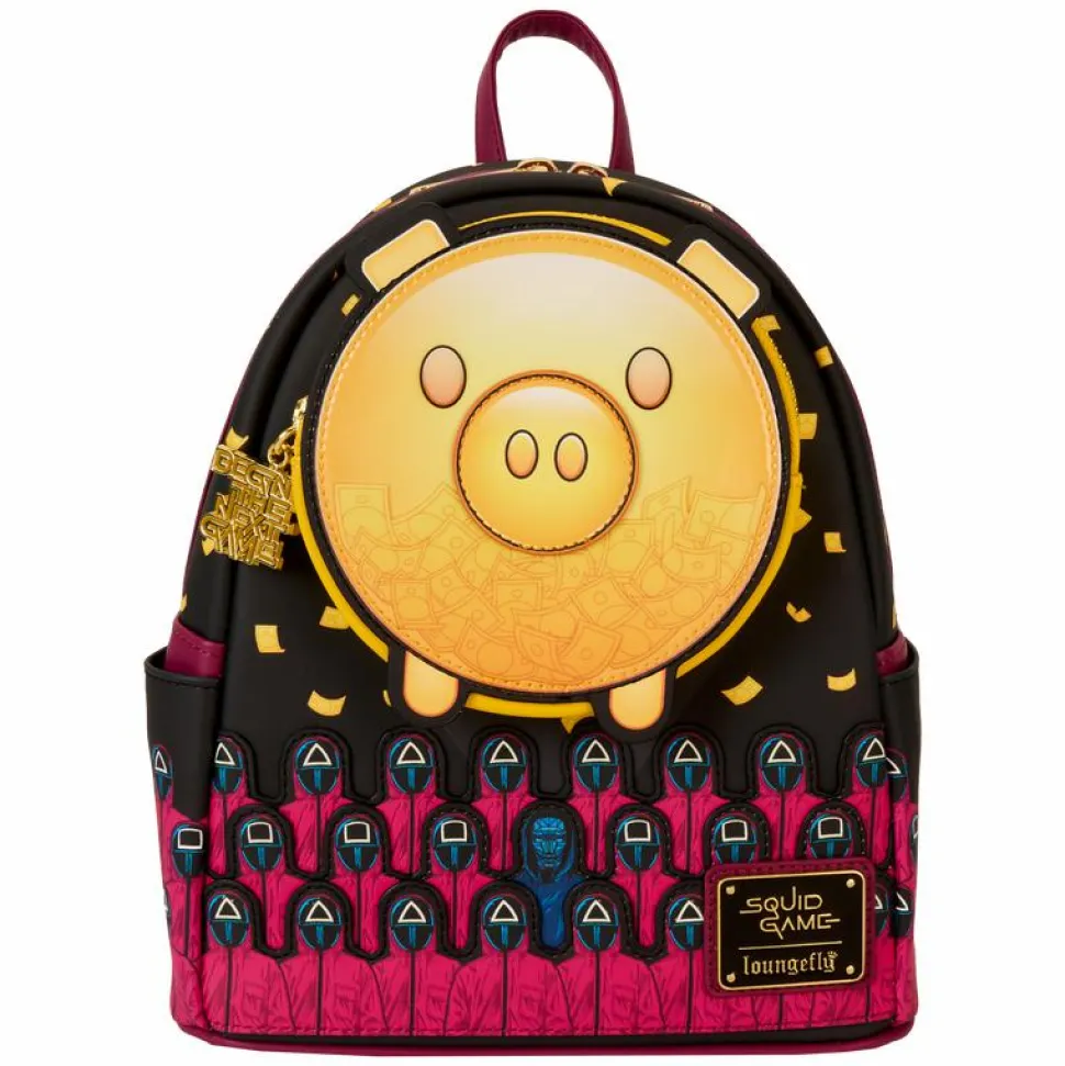 Squid Game - Piggy Bank Masked Men Glow in the Dark 10" Faux Leather Mini Backpack