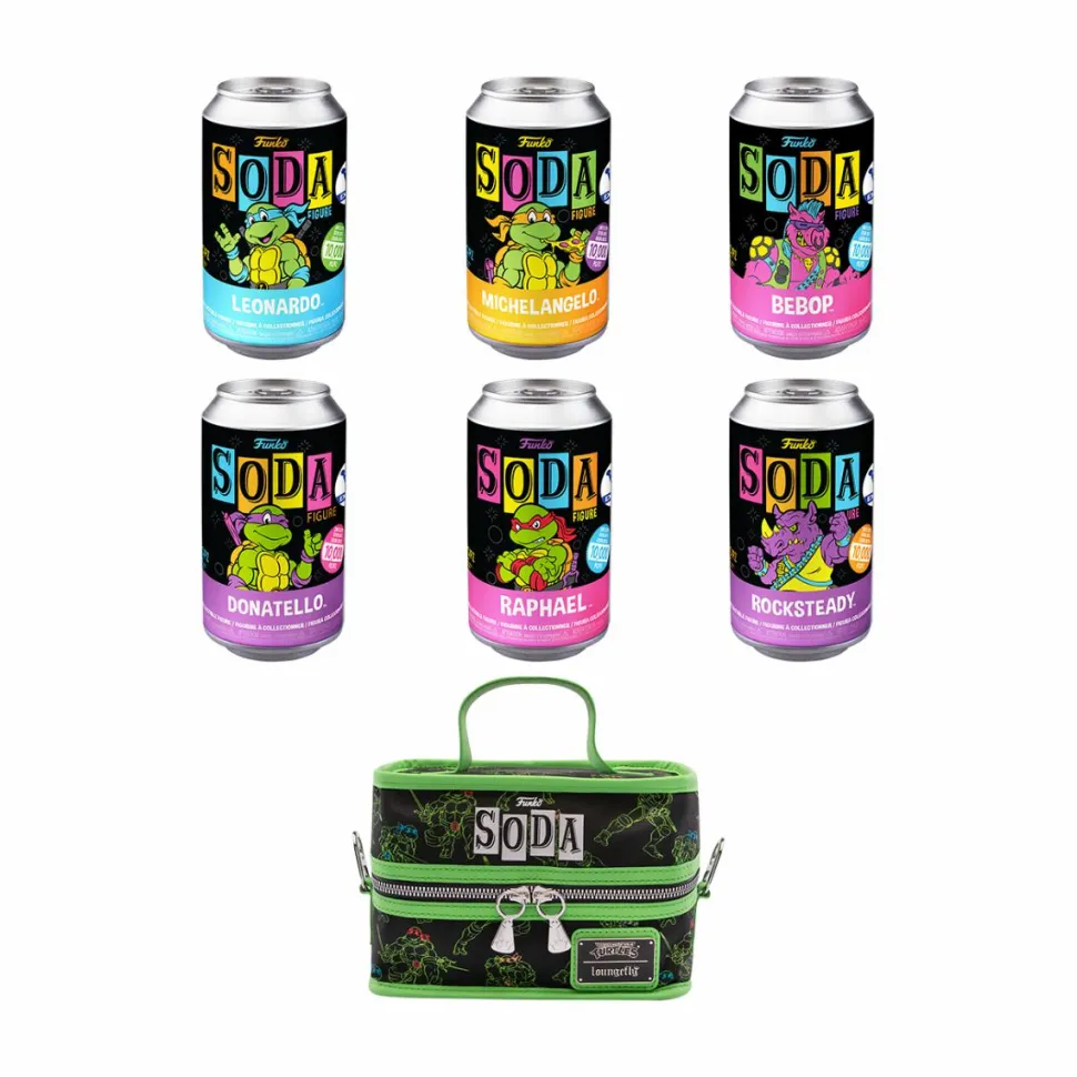 Teenage Mutant Ninja Turtles - Leonardo, Michelangelo, Raphael, Donatello, Bebop & Rocksteady Blacklight Vinyl SODA Figure in Collector Can 6-Pack with Cooler Bag & 6" Krang (Funko / Popcultcha Exclusive)